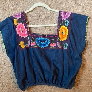 Embroidered denim crop top